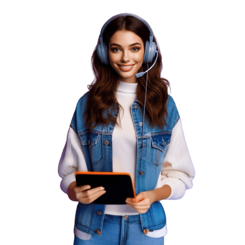Course creator with headphones holding a tablet