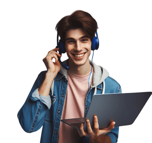 Smiling student wearing headphones and holding a laptop